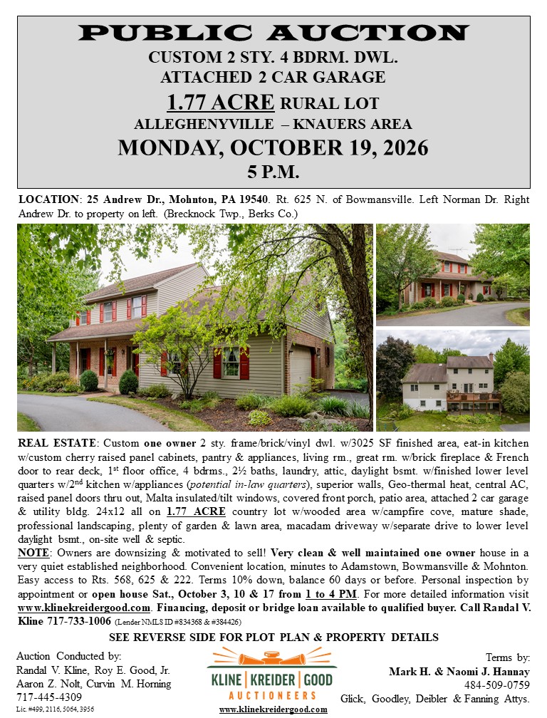 Estate Sale on Mohnton, Mohnton, PA — Mohnton, PA Sale by Kline, Kreider & Good Auctioneers, LLC, photo 1
