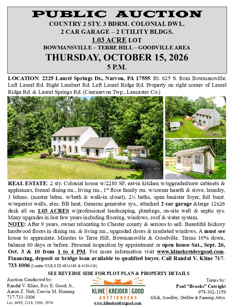 Estate Sale on Narvon, Narvon PA — Narvon, PA Sale by Kline, Kreider & Good Auctioneers, LLC