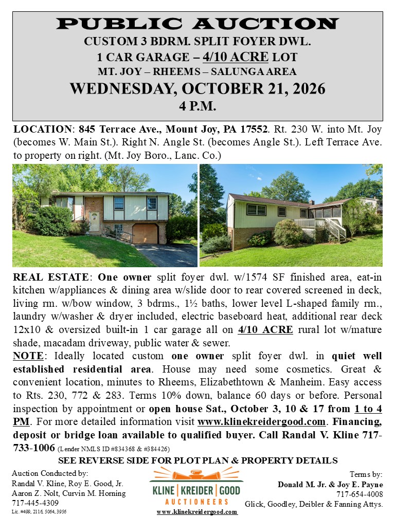 Estate Sale on Mount Joy, Mount Joy PA — Mount Joy, PA Sale by Kline, Kreider & Good Auctioneers, LLC